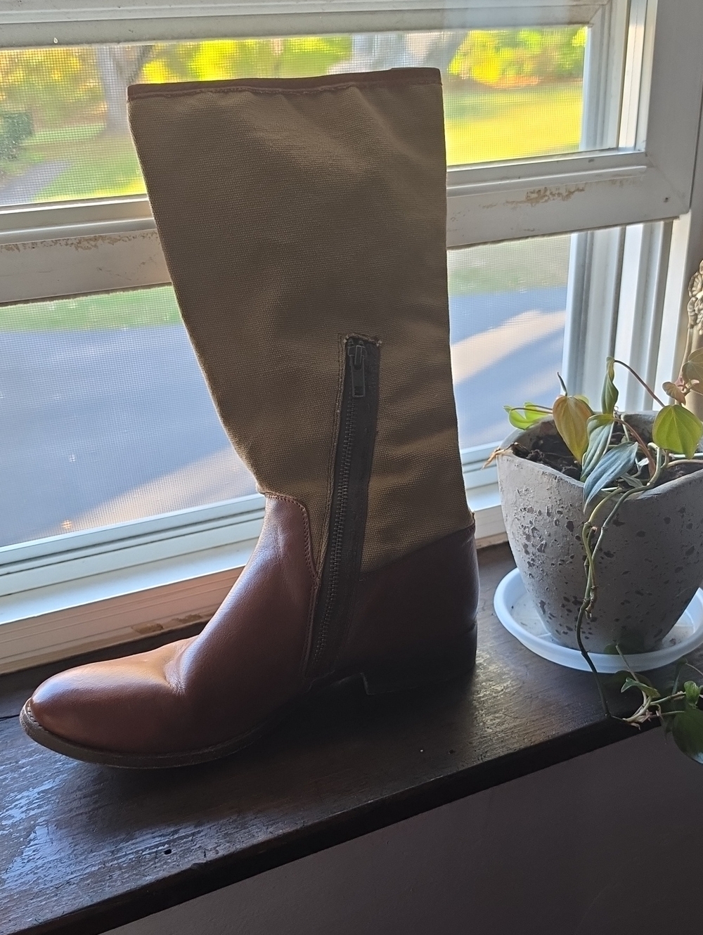 Frye Brown Leather & Tan Canvas Shaft Mid-Calf Boot